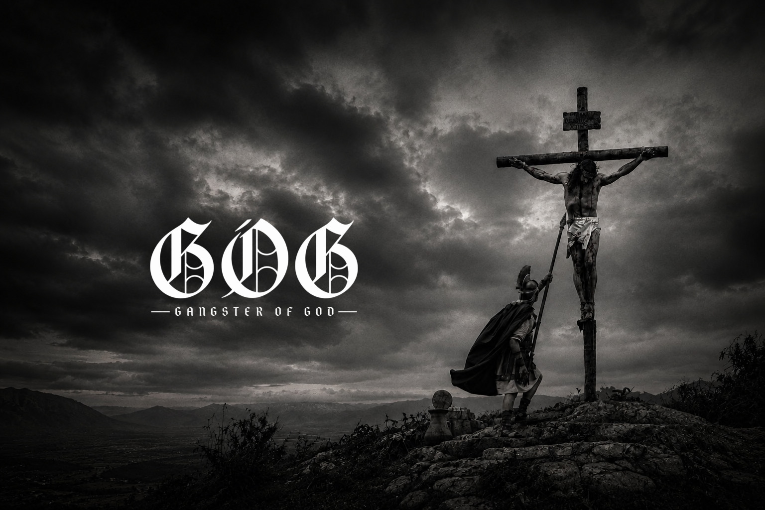 GOG — Gangster of God campaign: a Roman soldier standing before the crucified Christ under a stormy sky
